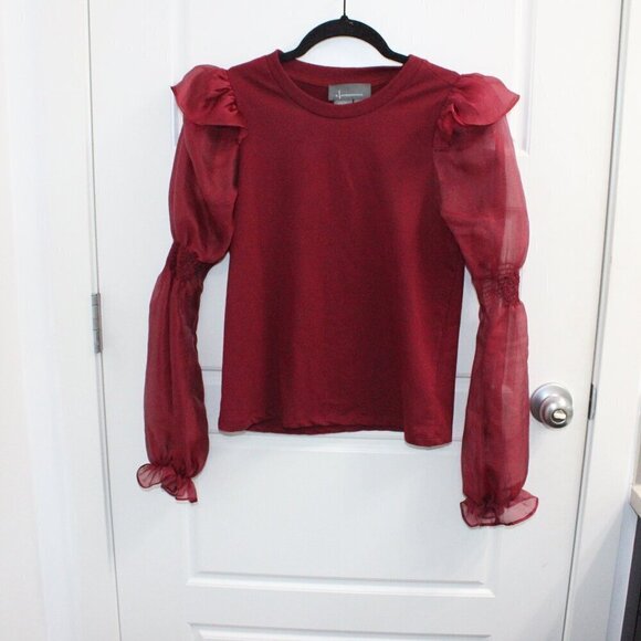 By Anthropologie Ruffled Puff-Sleeve Blouse Burgundy XXS - Picture 1 of 3